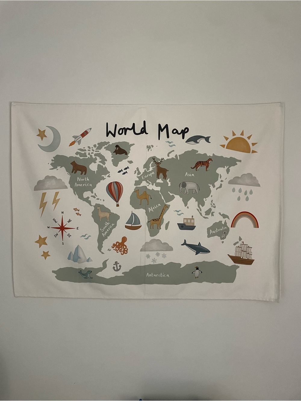 World Map Kids Wall Tapestry in Sage and Cream